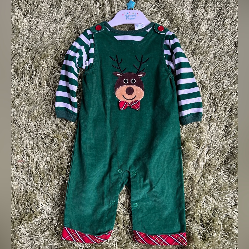 Nursery Rhyme Reindeer Two Piece Overall Christmas Stripe Outfit 3-6 Months NWOT
